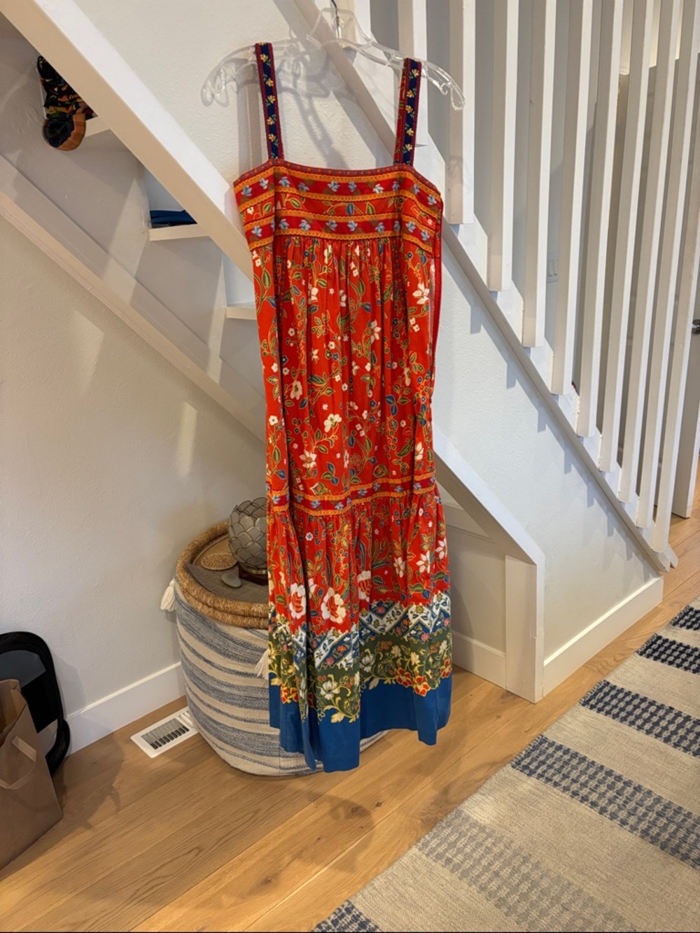 Tory Burch Red Floral Maxi Dress with Blue Trim